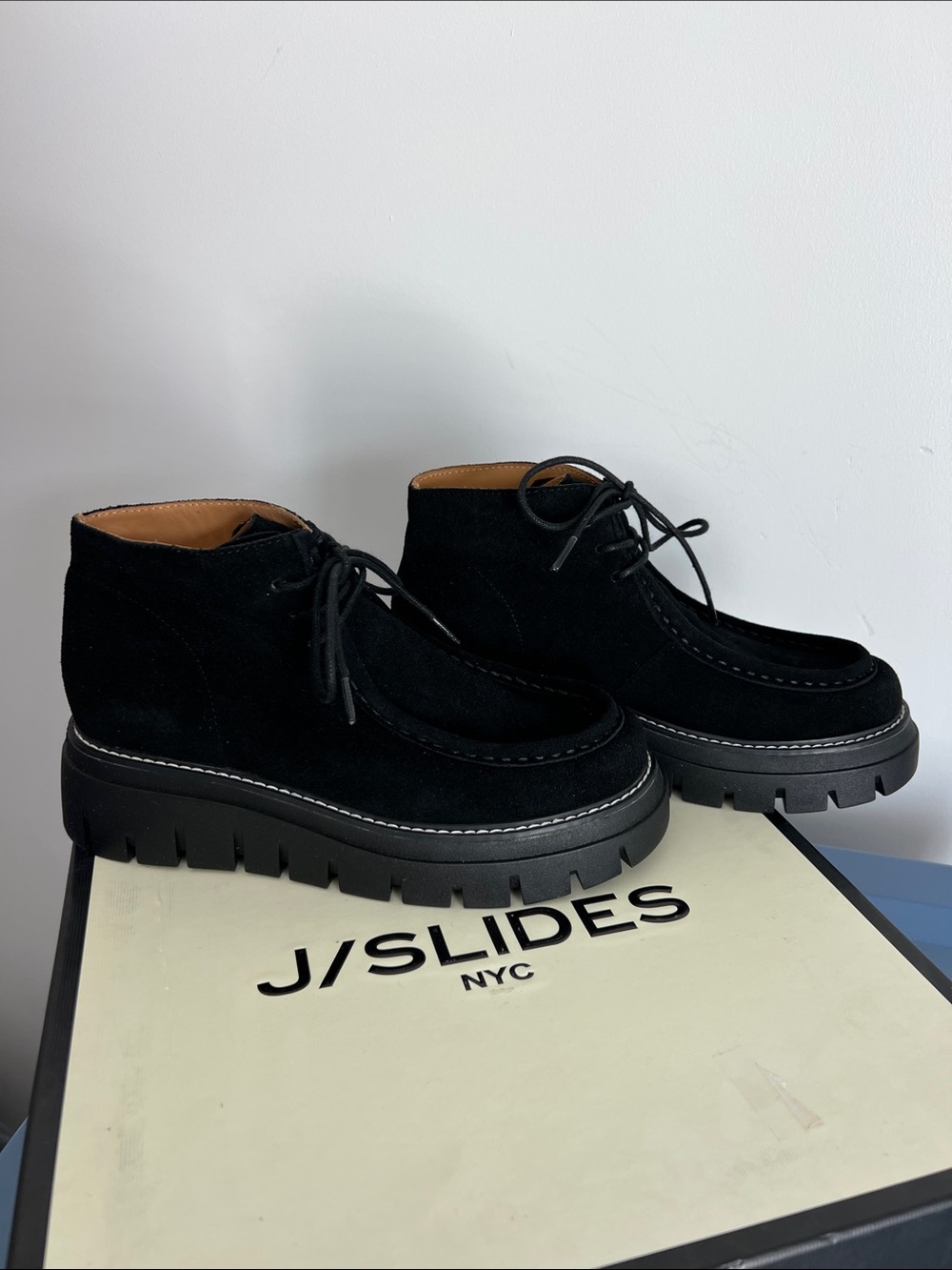 J/SLIDES black suede treasure platform wedge booties ankle boot round square toe